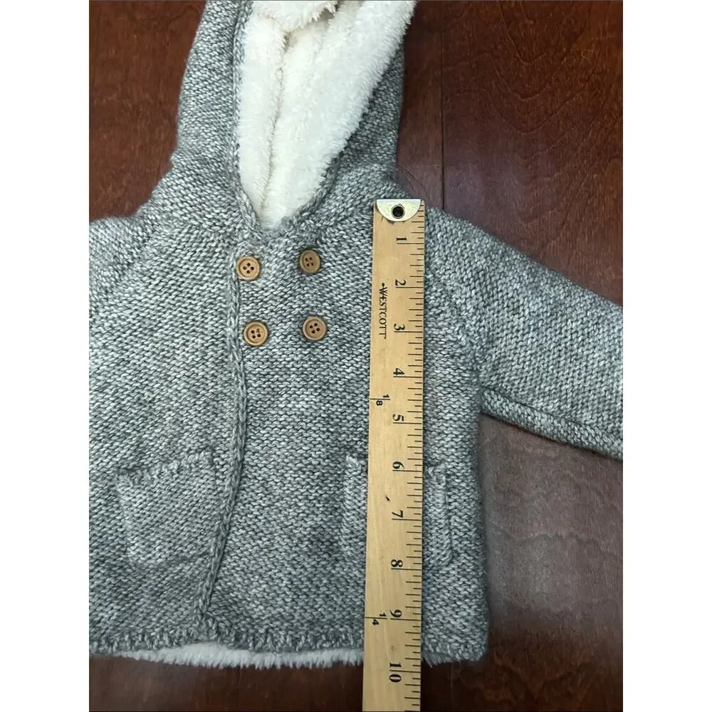 Zara Kid’s Gray Knit Hooded Baby Sweater with Cream Sherpa Lining, Size 1-3 M